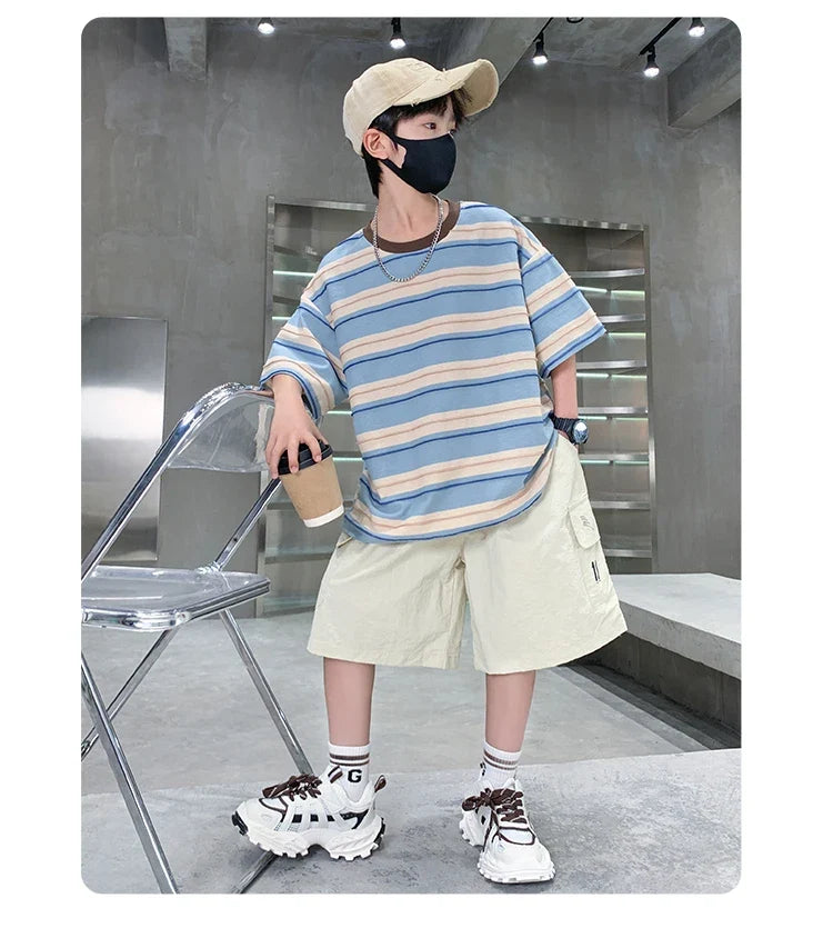 Children Summer Pink Blue Striped Suit Top and Bottom Clothes Set For Teen Boy New Fashion Tracksuit Outfit Kids Casual Clothing