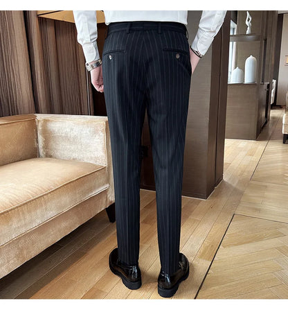High Quality Striped Suit Pants 2025 Autumn New Fashion Slim Fit Business Elastic waisted Pants Male Wedding Party Trousers