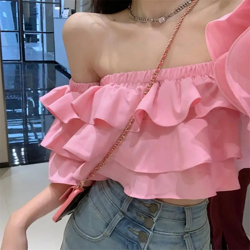 Off Shoulder Fashion Woman Blouse Stacked Ruffles Crop Top Shirt Summer Designer Short Sleeve Chiffon Sexy 2023 New