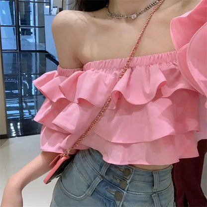 Off Shoulder Fashion Woman Blouse Stacked Ruffles Crop Top Shirt Summer Designer Short Sleeve Chiffon Sexy 2023 New