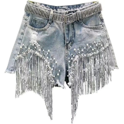 New 2026 Summer Women Heavy Beaded Rhinestone Shorts High Waist Sequin Tassel Ripped Wide Leg Hot Pants