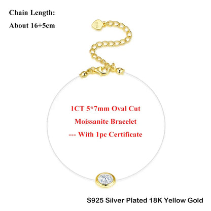 1CT 5*7mm Oval Cut Moissanite Bracelet D Color 925 Silver Plated 18k Rose Gold Adjustable Fishing Line Women Hand Bracelets