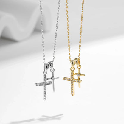 925 Sterling Silver Classic Delicate Double Cross Zircon Link Chain Pendant Necklace For Women Fine Jewelry Gifts