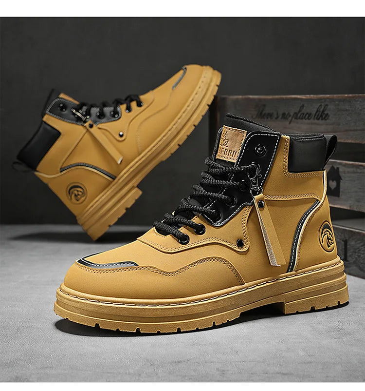 Men Boots  Autumn High Top British Korean Thick Soled Platform Comfortable Non Slip Short Boots Outdoor Lace Up Cotton Boots 202