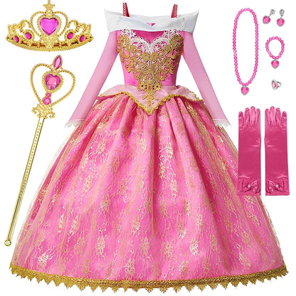 Girl Aurora Princess Dress Children Luxurious Cosplay Costume Rose Pink Briar Rose Outfit Kids Carnival Birthday Party Clothing