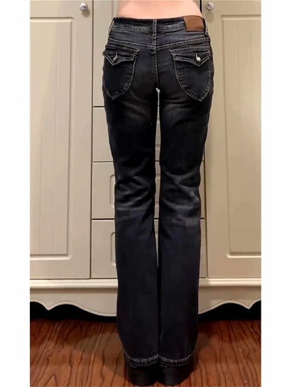 Women's Low Rise Flared Jeans Black Bootcut Jeans American Retro Denim Pants Y2k Japanese 2000s Harajuku Bell Bottom Skinny Jean