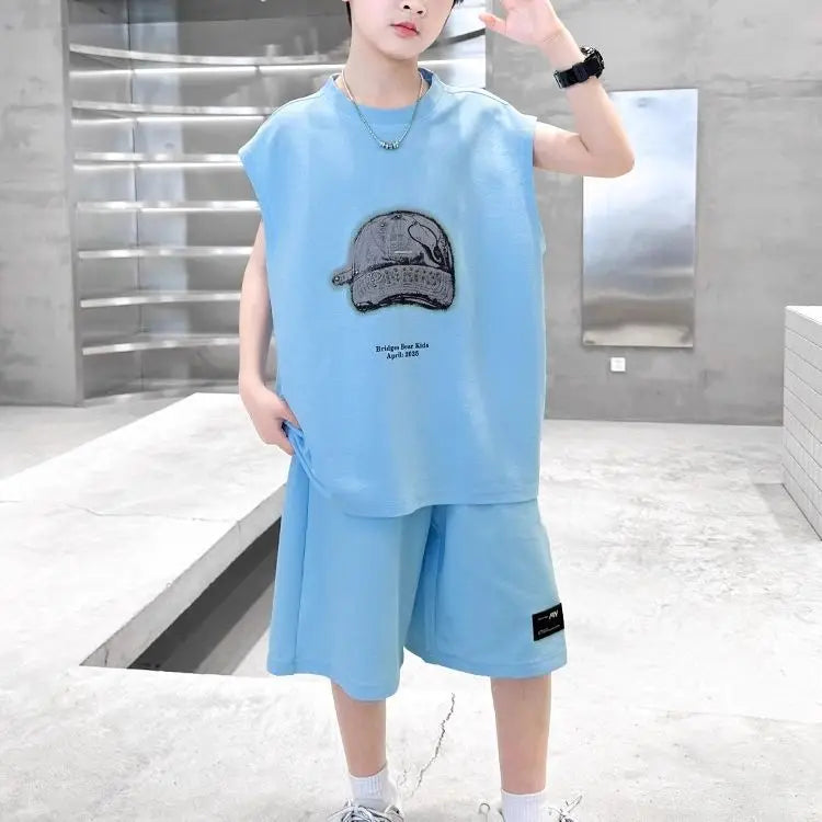 Boys' 2025 Summer New Arrival Sleeveless Two-Piece Vest & Sports Set for Big & Tall Kids
