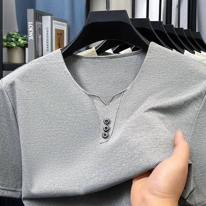 2026 New Men's Business Casual Three Button V-neck Short Sleeved T-shirt Korean Style Summer Comfortable Versatile Top