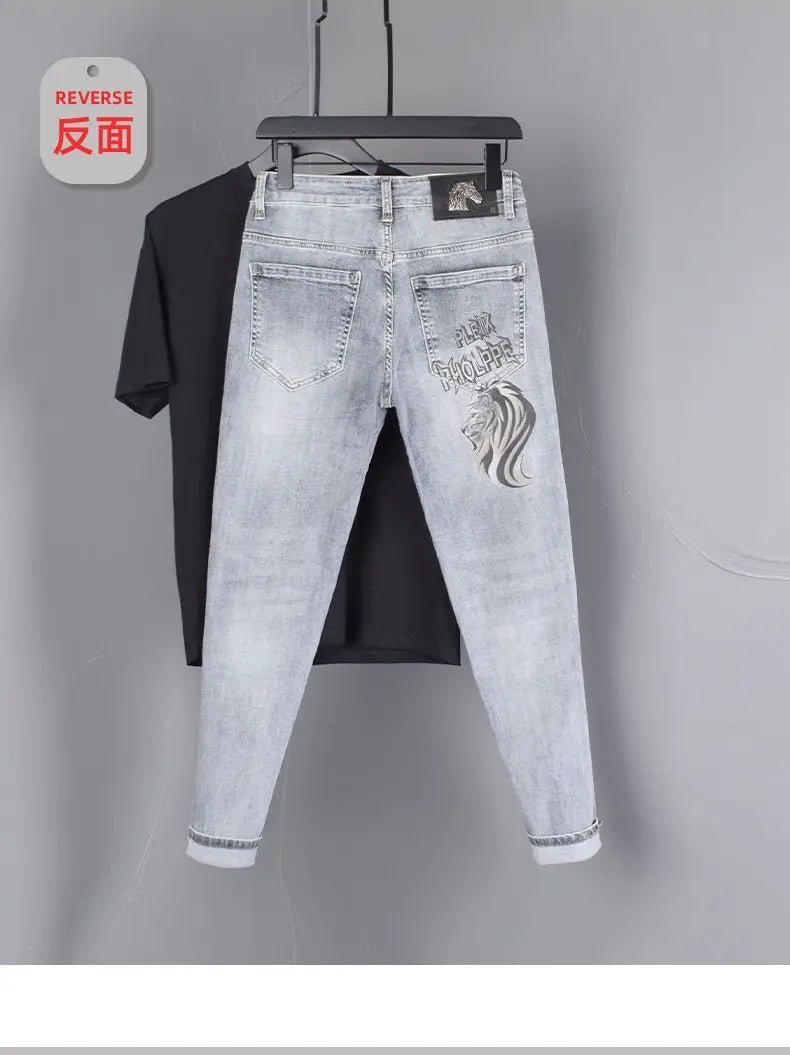 New Slim Fit Casual Jeans with Heavy Duty Ironing Drills Prints Branded Korean Style Clothes for Men Streetwear Washed Jeans