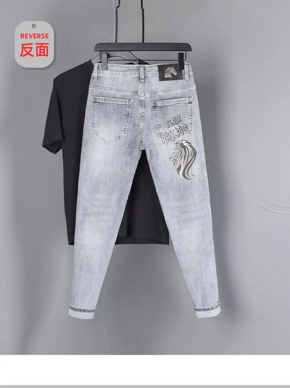 New Slim Fit Casual Jeans with Heavy Duty Ironing Drills Prints Branded Korean Style Clothes for Men Streetwear Washed Jeans