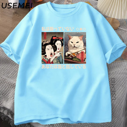 Funny Yelling At A Cat Meme T-shirts Vintage Japanese Style Cat Graphic T Shirts Men Women O Neck Short Sleeve Cotton Top