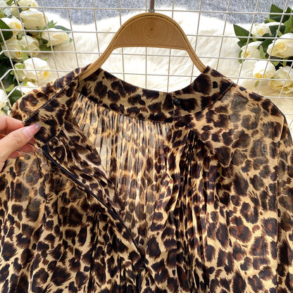 Autumn Leopard Print Blouse Women Bow Neck Long Sleeves Loose Top Korean Style Ins Polka Dot Chiffon Shirt 2025