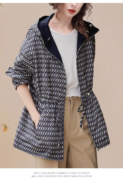 Women' Autumn New Blue Lengthened Hooded Jacket Two Sided Wearable Long Sleeve Loose Casual Sports Windproof Coat