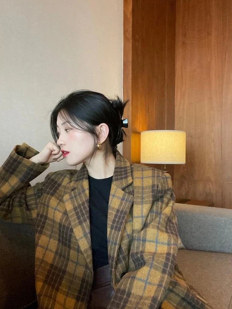 Women's Mid-Length Plaid Wool Coat 2025 Autumn Winter Arrival, Korean Style Warm Blazer, Trendy Yellow Brown Checkered Jacket