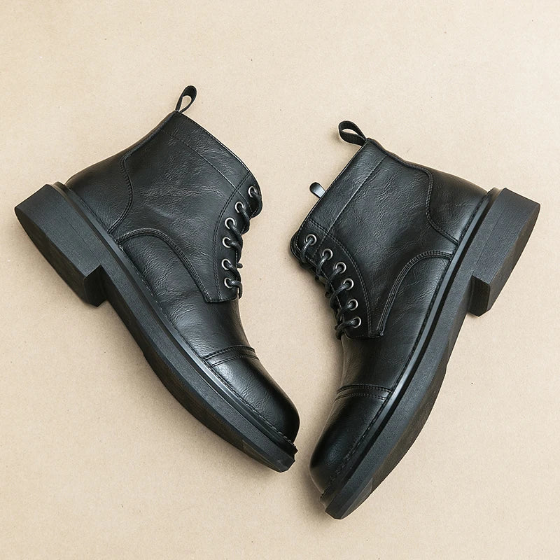 Men Black Leather Boots Casual Lace Up Leather Shoes Size 39-46
