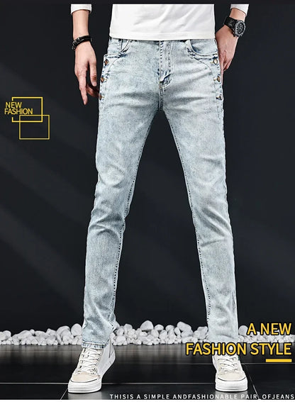 Slim Skinny Jeans Men New Elastic Korean Design Fashion Multi-Button Blue White Vintage Wash Cotton Stretch Denim Pants Trousers