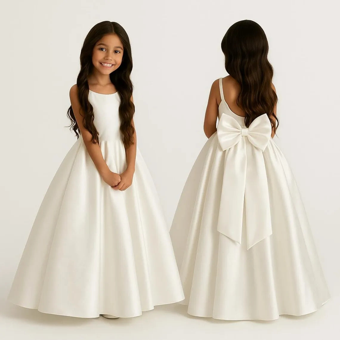 Long Ivory Satin Flower Girl Dresses for Wedding Bow Party Birthday Princess Dress Junior Bridesmaid First Holy Communion Gowns