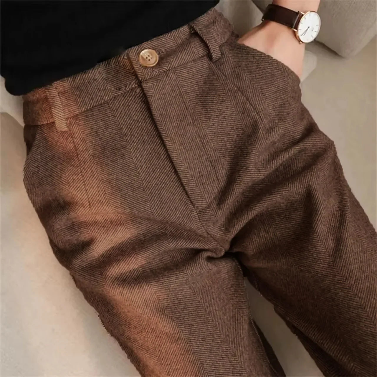 Italian Vintage Suit Pant For Men Autumn Winter Wool Herringbone Pattern Straight Trousers British Style Business Casual Pants