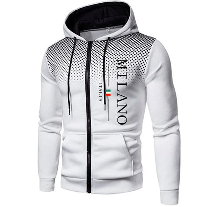 Italy Milan Print Men's Zip-up Hooded Outwear Fall Winter Male Daily Casual Sporty Jogging Hoodie Outdoor Motorcycle Riding Coat