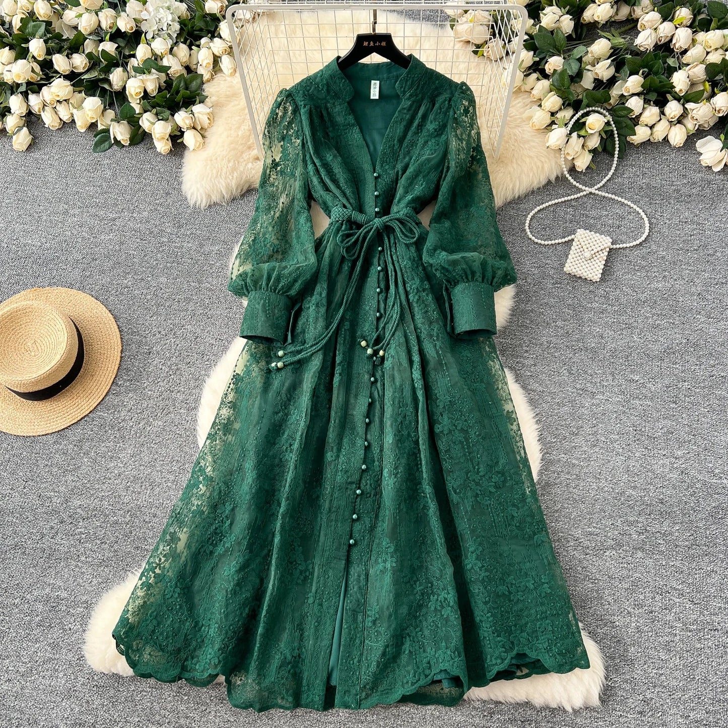 High-End Women's Dress Heavy Embroidery A-Line Long Skirt V-Neck Lantern Sleeve Single Button High Waist Korean Style Commute