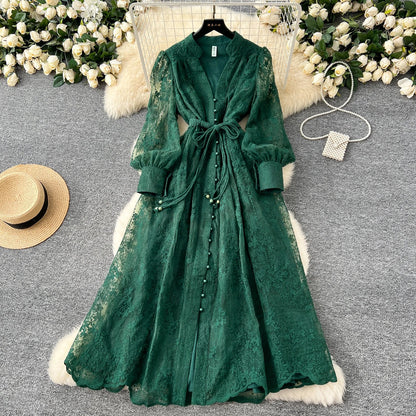 High-End Women's Dress Heavy Embroidery A-Line Long Skirt V-Neck Lantern Sleeve Single Button High Waist Korean Style Commute