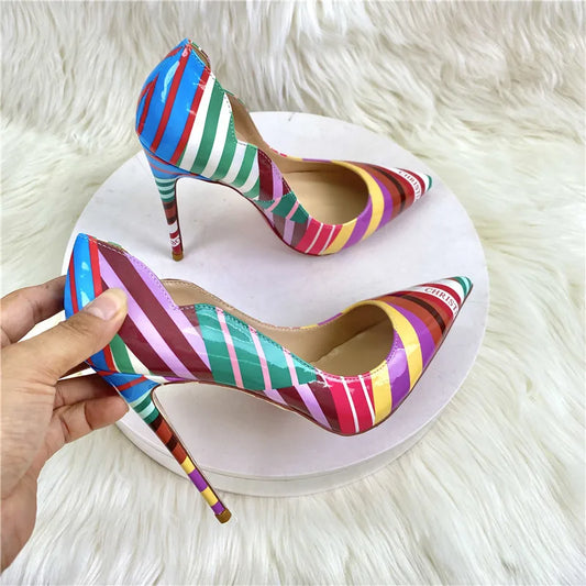 Colorful Striped High heels Fashion Cutting Pointed Shallow Party Shoes For Woman 8CM 10CM 12CM Women Pumps Large Size 44 45 46