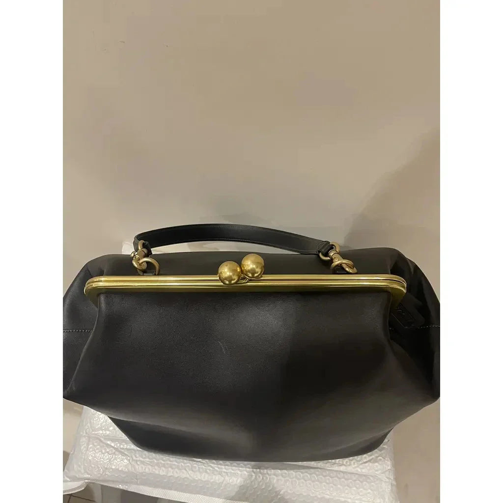 LOST IN VINTAGE Artificial Leather Soild Bag Large Balls Kiss-lock Large Big Clutch Handbag Proudly Carried In Hand 35x30x20cm