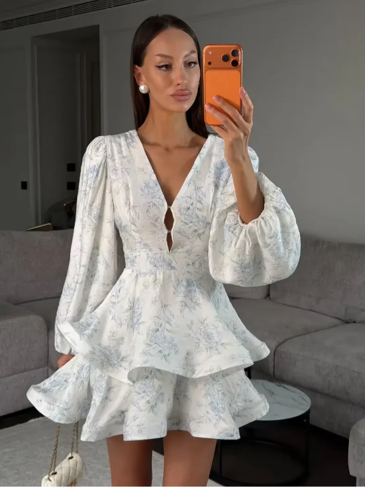 Women Floral Print Mini Dress V-neck Balloon Sleeve Keyhole Detail Tiered Ruffle Hem Dresses 2026 New Summer Holiday Party Gowns