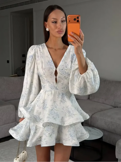 Women Floral Print Mini Dress V-neck Balloon Sleeve Keyhole Detail Tiered Ruffle Hem Dresses 2026 New Summer Holiday Party Gowns