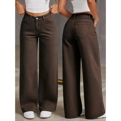 2026 New Brown Stretch Wide Leg Jeans Women High Waist Loose Straight Denim Pants Streetwear Casual Vintage Trousers