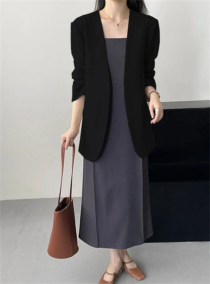 Fashion New Solid Casual Joker Women's Blazer Spring Autumn No Placket Cardigan Suit Jackets V-neck Long Sleeve 19-Color Coats