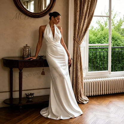Halter Neck Satin Mermaid Wedding Dress Deep V Neck Backless Bridal Gown Long Ribbon Civil Wedding Reception Dress Customized