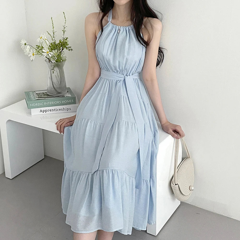 Korean Style Summer Slimming Necktie Waist Cinched Sleeveless Vest Long Dress Women's Fashionable Commute Style Inner Wear