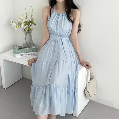 Korean Style Summer Slimming Necktie Waist Cinched Sleeveless Vest Long Dress Women's Fashionable Commute Style Inner Wear
