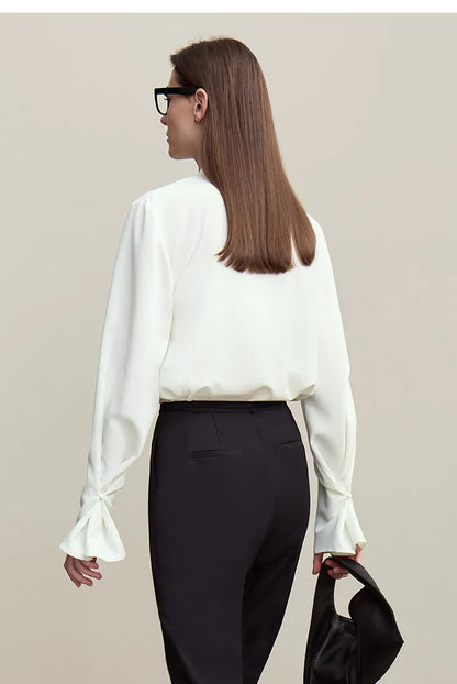 Elegant Women's Blouse 2026 Autumn New V-Neck Pleated Flared Sleeve Chiffon Shirt Women's Loose Long Sleeve Top 12641070