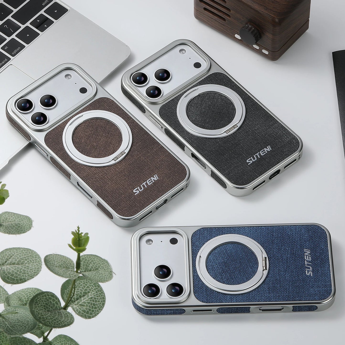 Faux Leather Magnet Wireless Charging Phone Case 360° Rotating Stand Ring Buckle Frosted Feel For iPhone 17 Pro Max 16 15