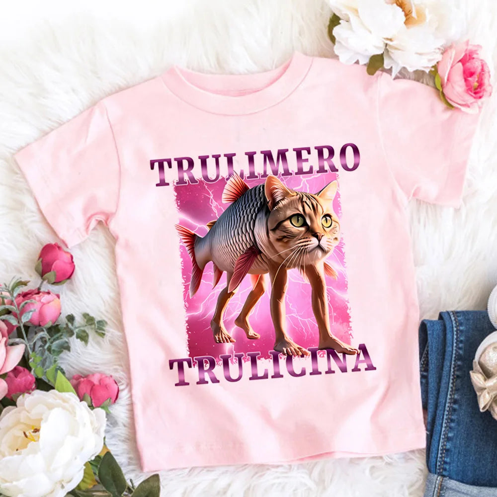 Italian Brainrot T-Shirt Kids Cartoon Anime Print Clothes Round Neck Basic Boys Tops Absorbent Casual Shirts Gift