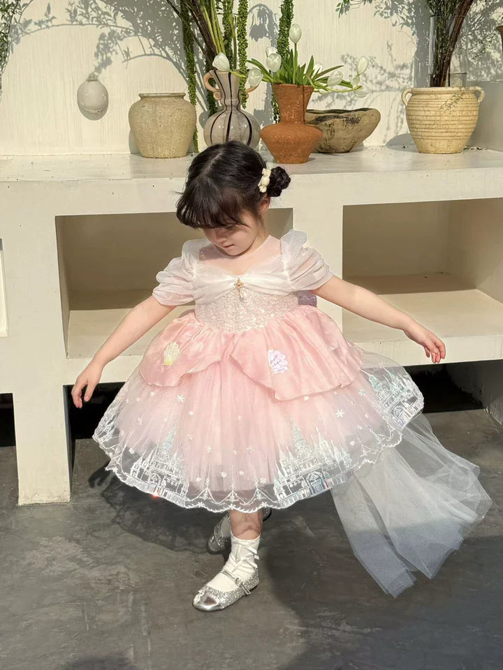 Sweet Baby Girls Princess Lolita Dress Kids 2026 New Summer Fashion Sequined Tulle Embroidery Puff Sleeve Performance Tutu Dress