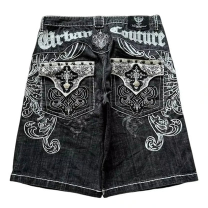 Y2K New American Fashion Pattern Letter Embroidery Baggy Denim Shorts Women Street Vintage Hip Hop Casual Shorts Women Clothing
