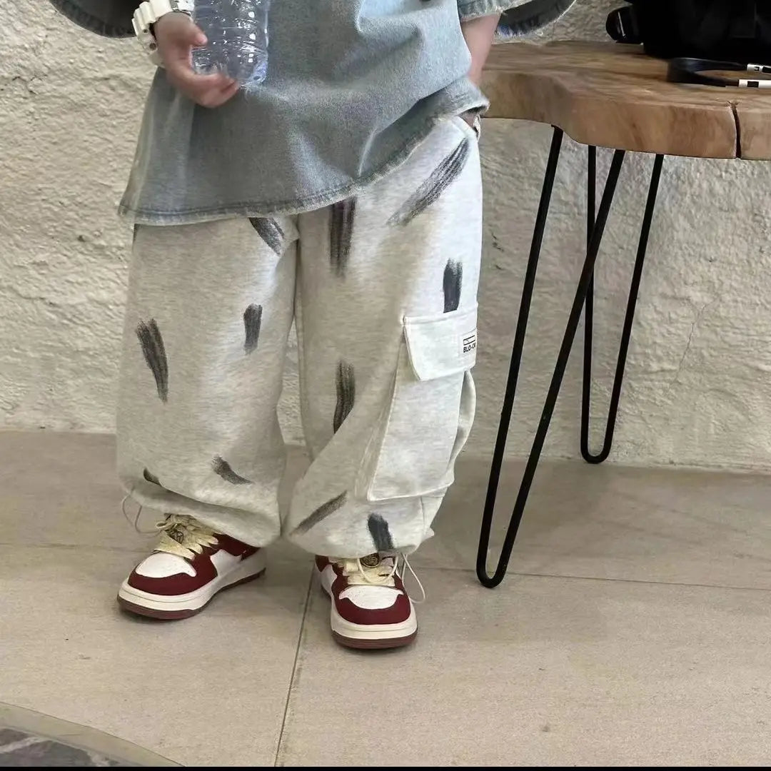 Spring Summer Children's Korean Denim Hole Short Sleeved Top and Beige Knitted Loose Casual Sports Pants Two-piece Set Outfits