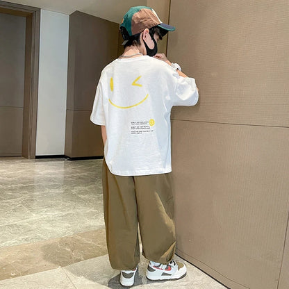 Teens Children's Summer Sets for Boys Clothing Cotton Set 2025 New Fashion Kids Loose Handsome T-shirt+ Lantern Pants Set Outfit