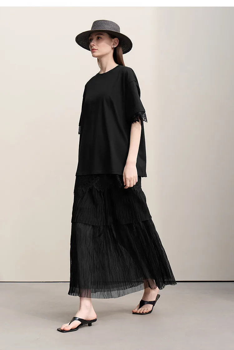 Women's T-Shirt 2026 Summer Round Neck Drop Shoulder Cotton Tee Lace Lace Patchwork Loose Side Slit Top For Women 12652004