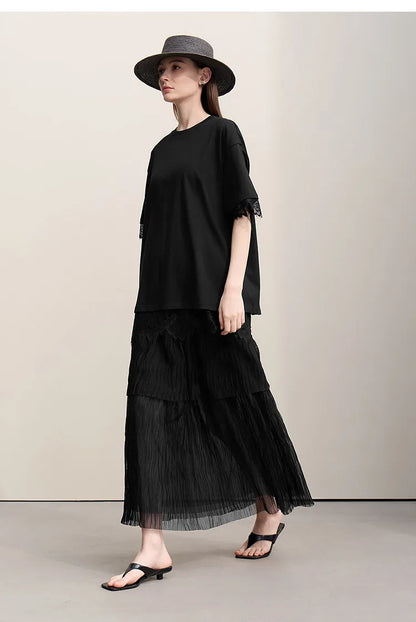 Women's T-Shirt 2026 Summer Round Neck Drop Shoulder Cotton Tee Lace Lace Patchwork Loose Side Slit Top For Women 12652004