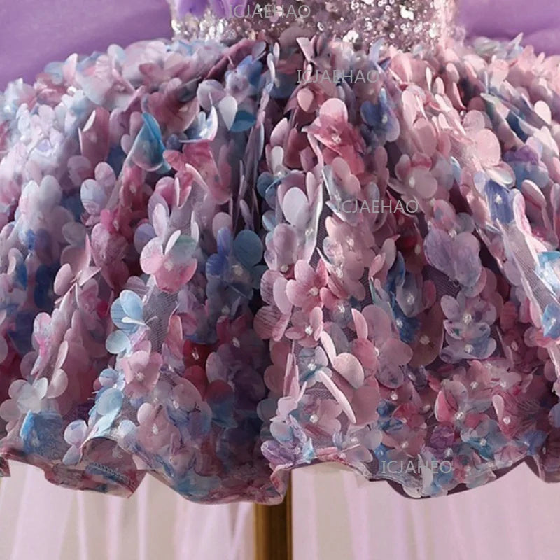 2026 Cute Sweet Purple Children Sleeveless Kids Host Princess Gown Costume Girls Birthday Party Dress Summer New Fashion Floral