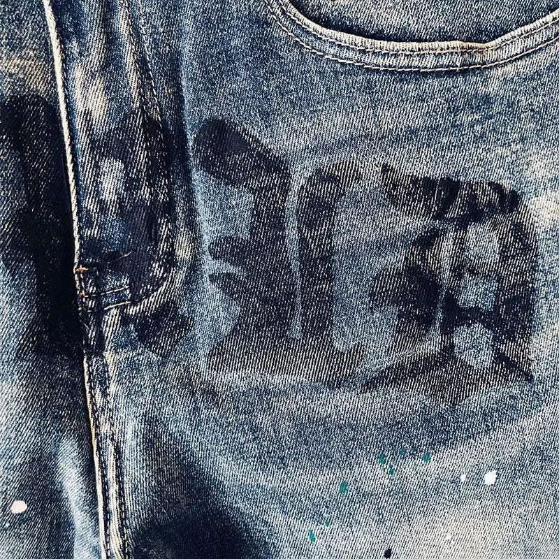 High-quality Blue Jeans Men's 2025 Spring and Summer European Wear Cargo Brand Letter Printing Ink Splashing Straight-leg Pants