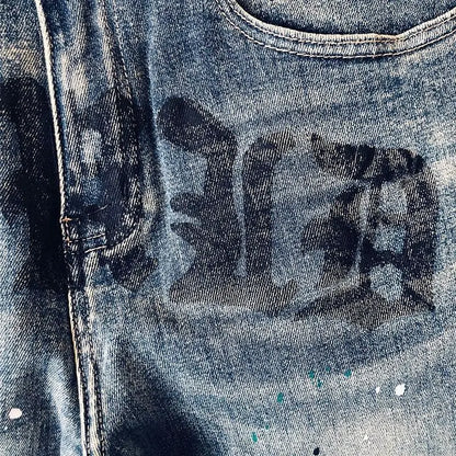High-quality Blue Jeans Men's 2025 Spring and Summer European Wear Cargo Brand Letter Printing Ink Splashing Straight-leg Pants