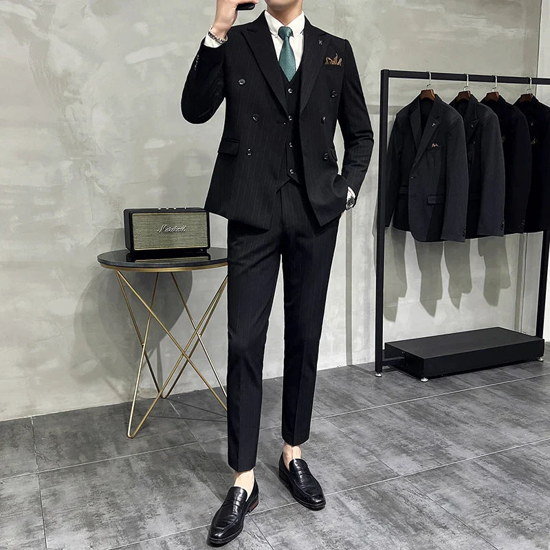 2025 High-quality Korean Version Slim-fit Business (Suit + Vest + Trousers) Striped Double-breasted Suit Three-piece Set