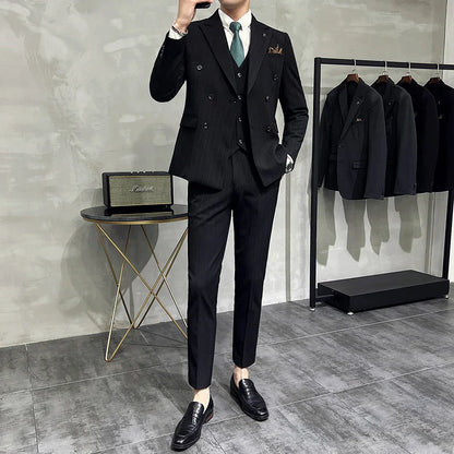 2025 High-quality Korean Version Slim-fit Business (Suit + Vest + Trousers) Striped Double-breasted Suit Three-piece Set