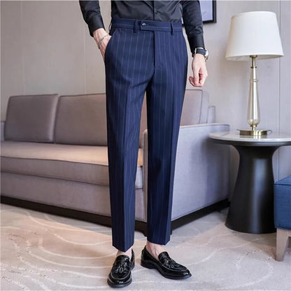 Autumn New Fashion Stripe Men's Suit Pants High Quality Straight Long Classic Business Elegant Slim Fit Casual Trousers 38-29