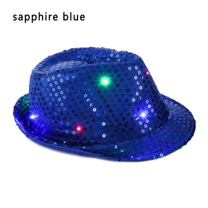 Unisex Light Up Flashing Led Fedora Trilby Jazz Hat Panama Cap Sequin